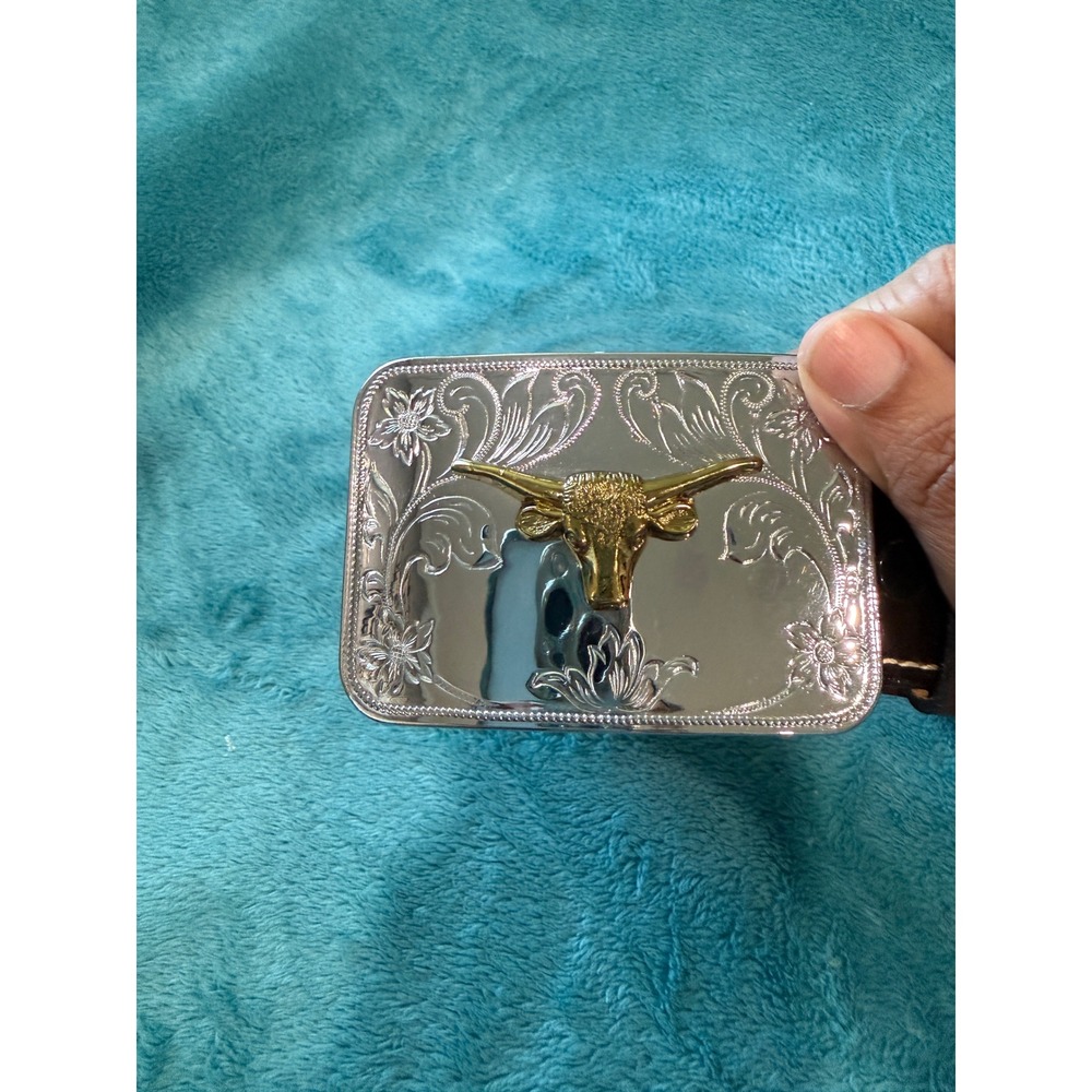 Western Longhorn Bull Belt‎ Buckle Silver Gold Tone Engraved Floral Rodeo Large